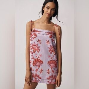 NWT Size L -Farm Rio Porcelain Garden Lilac Linen Mini Shift Dress (NWT US$ 230)